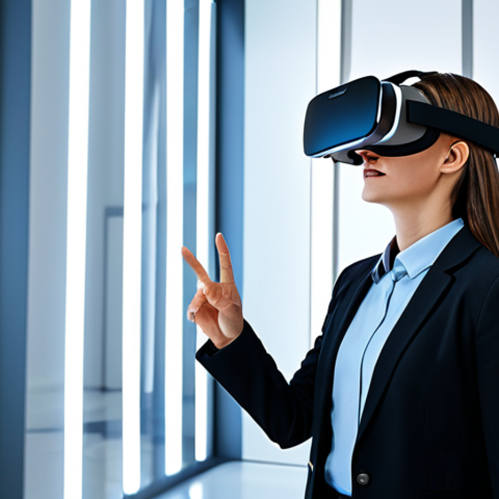 A professional individual, fully clothed in modest, appropriate business attire, wearing a sleek VR headset, is deeply immersed in a hyper-realistic virtual environment. The scene depicts a stunning, futuristic architectural space with complex light reflections and shadows, rendered with photorealistic precision. The person's hands, with proper finger count and well-formed, are naturally extended as if interacting with an unseen virtual object, conveying a sense of genuine presence and natural pose. The overall image showcases the seamless integration of advanced rendering and natural physics. Professional photography, high quality, perfect anatomy, correct proportions, natural body proportions, safe for work, appropriate content, family-friendly.
