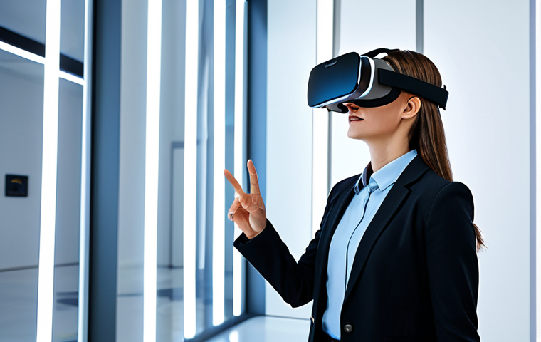 A professional individual, fully clothed in modest, appropriate business attire, wearing a sleek VR headset, is deeply immersed in a hyper-realistic virtual environment. The scene depicts a stunning, futuristic architectural space with complex light reflections and shadows, rendered with photorealistic precision. The person's hands, with proper finger count and well-formed, are naturally extended as if interacting with an unseen virtual object, conveying a sense of genuine presence and natural pose. The overall image showcases the seamless integration of advanced rendering and natural physics. Professional photography, high quality, perfect anatomy, correct proportions, natural body proportions, safe for work, appropriate content, family-friendly.