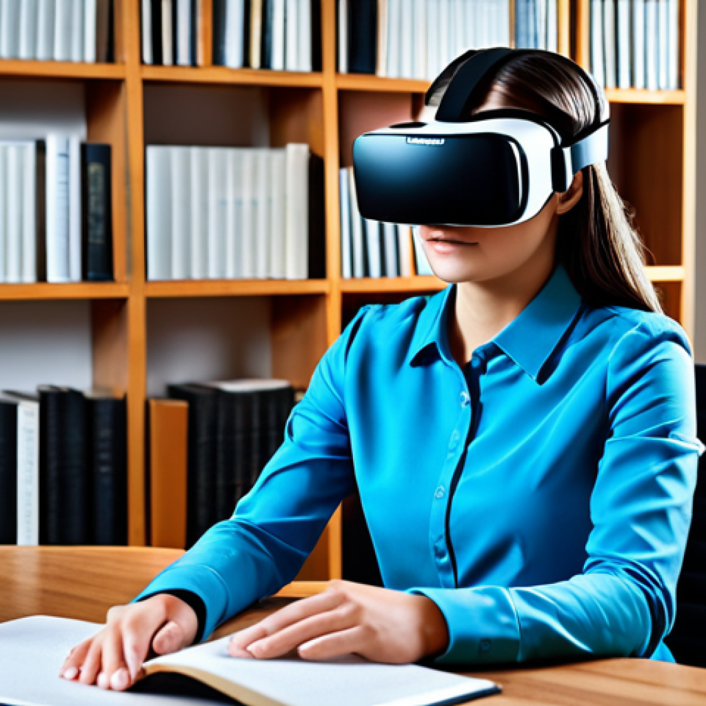 A young adult, fully clothed in professional, modest attire, wearing a sleek virtual reality headset, seated comfortably in a modern, well-lit study room. They are completely absorbed in the virtual experience, with a natural, focused posture. The background features shelves with books and a discreet, contemporary desk setup. Professional photography, high resolution, realistic rendering, soft lighting, perfect anatomy, correct proportions, natural pose, well-formed hands, proper finger count, natural body proportions, safe for work, appropriate content, fully clothed, professional dress, family-friendly.