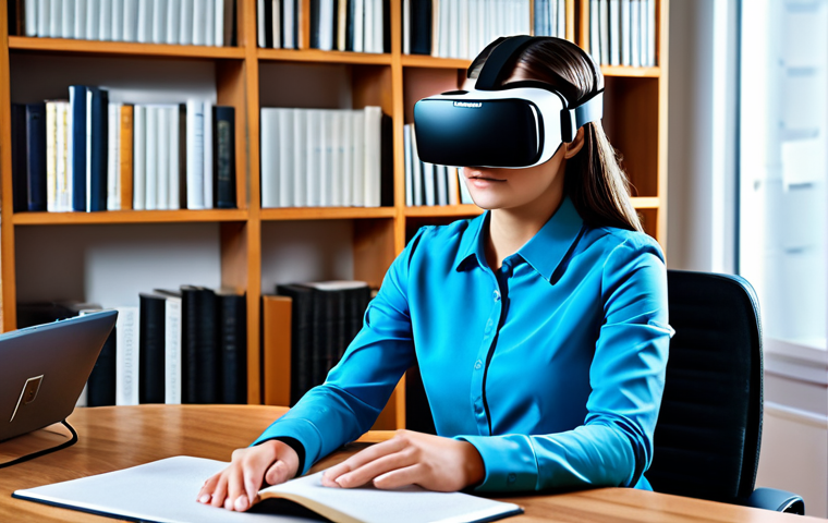 A young adult, fully clothed in professional, modest attire, wearing a sleek virtual reality headset, seated comfortably in a modern, well-lit study room. They are completely absorbed in the virtual experience, with a natural, focused posture. The background features shelves with books and a discreet, contemporary desk setup. Professional photography, high resolution, realistic rendering, soft lighting, perfect anatomy, correct proportions, natural pose, well-formed hands, proper finger count, natural body proportions, safe for work, appropriate content, fully clothed, professional dress, family-friendly.