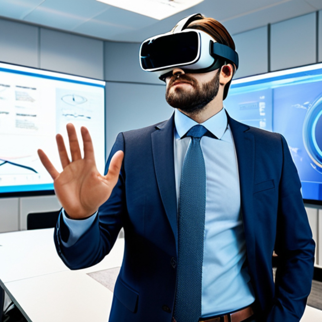 A professional individual, fully clothed in a modest business suit, is wearing a sleek virtual reality headset while collaborating in a modern, brightly lit virtual office environment. Multiple holographic screens display data and 3D models around them, showcasing immersive productivity tools. The scene features perfect anatomy, correct proportions, a natural pose, well-formed hands, proper finger count, and natural body proportions. High-resolution, professional photography, safe for work, appropriate content, family-friendly.