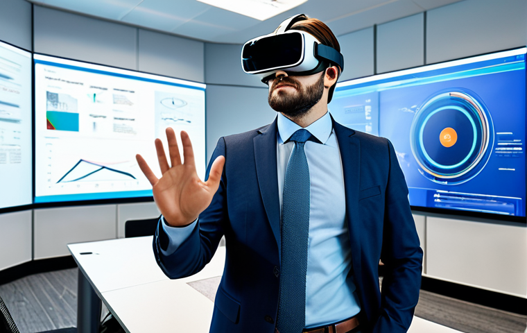 A professional individual, fully clothed in a modest business suit, is wearing a sleek virtual reality headset while collaborating in a modern, brightly lit virtual office environment. Multiple holographic screens display data and 3D models around them, showcasing immersive productivity tools. The scene features perfect anatomy, correct proportions, a natural pose, well-formed hands, proper finger count, and natural body proportions. High-resolution, professional photography, safe for work, appropriate content, family-friendly.