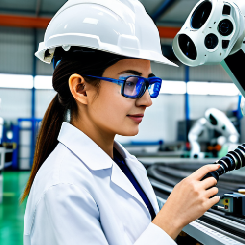 **

A fully clothed female engineer in a modern factory, wearing safety glasses and a hard hat. She is inspecting a robotic arm assembly line. The environment is bright and clean, with advanced technology visible.  Appropriate attire, safe for work, professional environment, perfect anatomy, correct proportions, well-formed hands, proper finger count, natural body proportions, high quality.

**