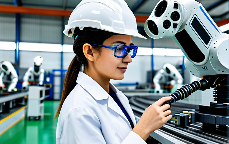 **

A fully clothed female engineer in a modern factory, wearing safety glasses and a hard hat. She is inspecting a robotic arm assembly line. The environment is bright and clean, with advanced technology visible.  Appropriate attire, safe for work, professional environment, perfect anatomy, correct proportions, well-formed hands, proper finger count, natural body proportions, high quality.

**