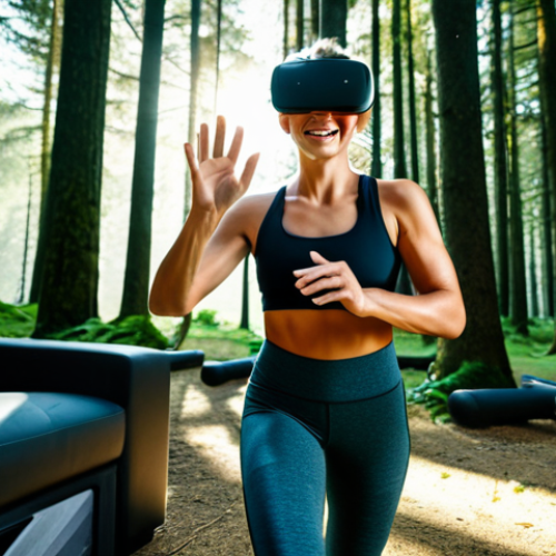 VR Fitness**

A woman, fully clothed in athletic wear (sports top, leggings), is smiling and virtually running through a lush forest obstacle course displayed by a VR headset.  Sunlight streams through the trees.  She is in her living room, which has soft lighting and modern furniture.  Safe for work, appropriate content, fully clothed, professional, perfect anatomy, natural proportions, well-formed hands, proper finger count.

**