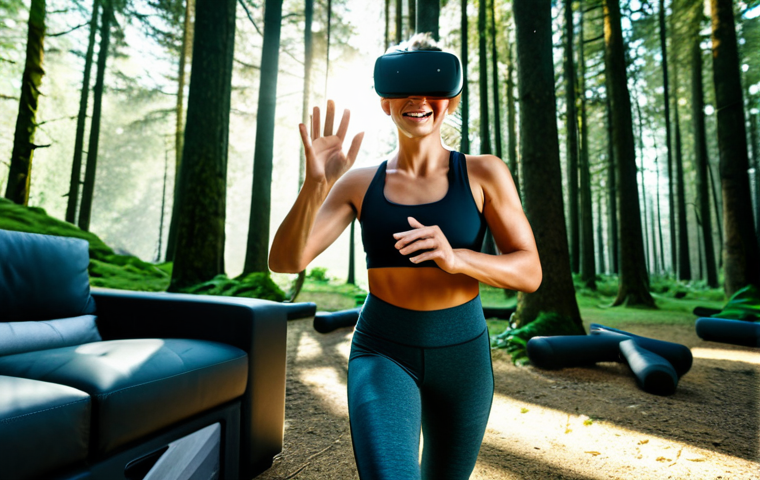 VR Fitness**

A woman, fully clothed in athletic wear (sports top, leggings), is smiling and virtually running through a lush forest obstacle course displayed by a VR headset.  Sunlight streams through the trees.  She is in her living room, which has soft lighting and modern furniture.  Safe for work, appropriate content, fully clothed, professional, perfect anatomy, natural proportions, well-formed hands, proper finger count.

**