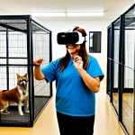 **

A brightly lit, clean animal shelter interior. A volunteer, fully clothed and smiling, helps a visitor use a VR headset. Several dogs and cats are visible in the background in their enclosures. The scene is family-friendly, safe for work, and depicts a hopeful and positive atmosphere. Perfect anatomy, natural proportions, appropriate content, professional photograph.

**