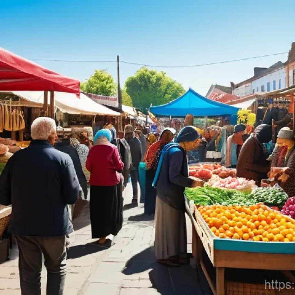 VR에서의 오디오 디자인 - A vibrant outdoor market scene on a sunny day. A diverse group of people, all dressed in comfortable...