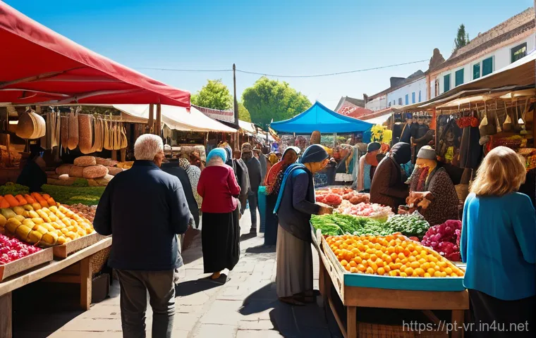 VR에서의 오디오 디자인 - A vibrant outdoor market scene on a sunny day. A diverse group of people, all dressed in comfortable...