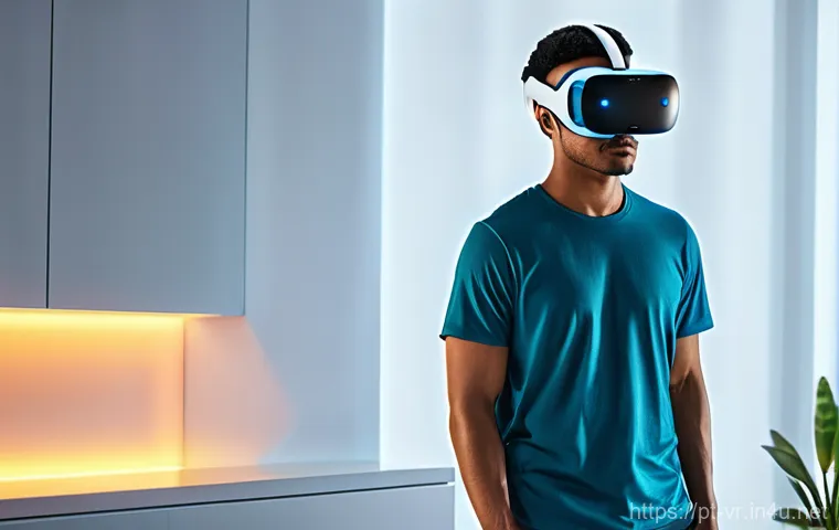 VR 네트워크 최적화 - **Immersive VR Experience with 5G/Wi-Fi 7:**
    A young adult, wearing a sleek, minimalist VR heads...