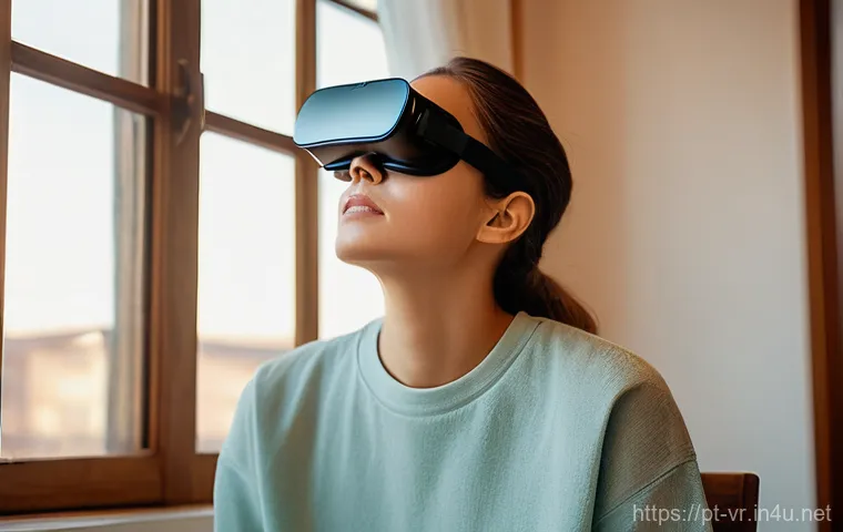 VR 부작용 - **Prompt:** A cheerful young adult (20s, gender-neutral appearance) comfortably enjoying a virtual r...