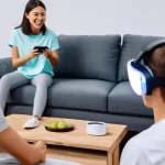 VR 플랫폼 비교 - **Prompt: "Mixed Reality Gaming in a Modern Living Room"**
    "A vibrant, high-energy scene featuri...