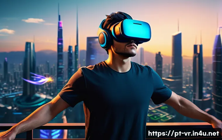 VR 장비 구매 팁 - **Prompt:** A young adult, male, in his early twenties, is fully immersed in a vibrant, futuristic a...