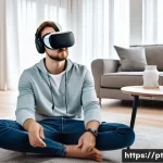 VR 기술의 문제점 - A detailed scene showing a young adult wearing a modern VR headset with ergonomic cushioning and adj...