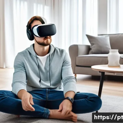 VR 기술의 문제점 - A detailed scene showing a young adult wearing a modern VR headset with ergonomic cushioning and adj...