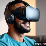 Home 22 VR 헤드셋 비교 - A detailed, realistic close-up image of a person wearing a lightweight VR headset with adjustable st...