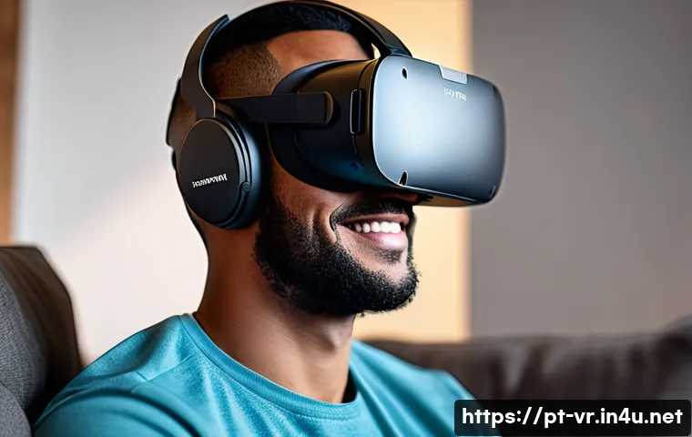 VR 헤드셋 비교 - A detailed, realistic close-up image of a person wearing a lightweight VR headset with adjustable st...