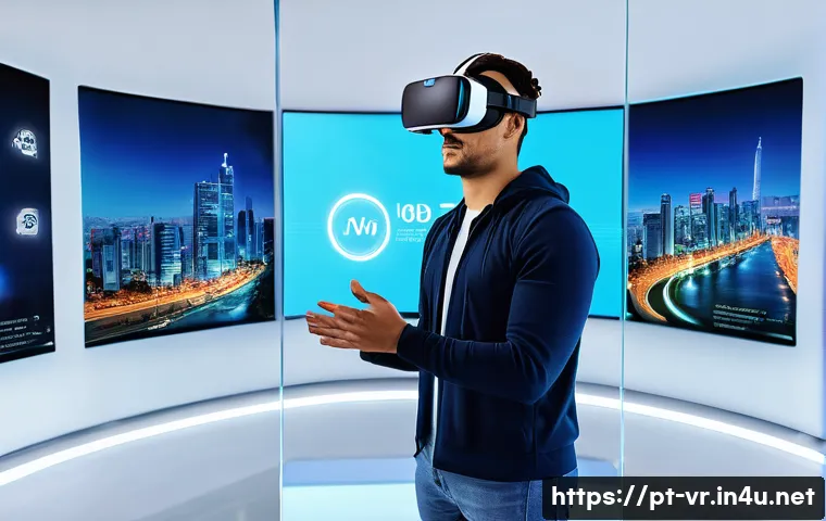 가상현실 제어 시스템 - A futuristic virtual reality training room in Brazil, showcasing a user wearing a lightweight VR hea...