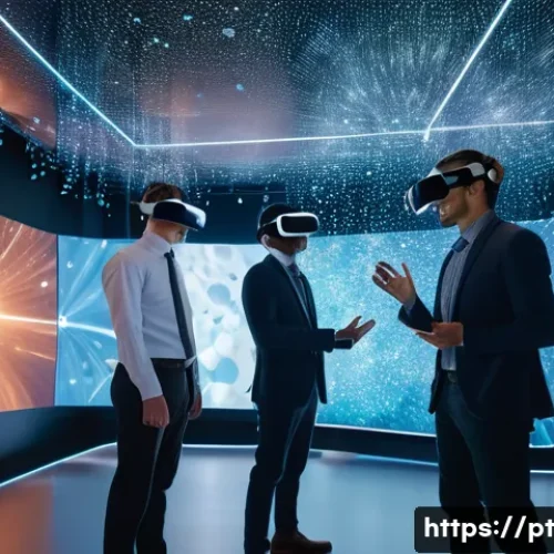 Home 32 가상현실과 물리학 실험 - A futuristic virtual reality laboratory scene where diverse researchers wearing modern VR headsets a...