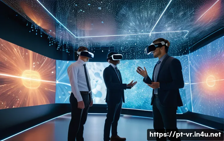 가상현실과 물리학 실험 - A futuristic virtual reality laboratory scene where diverse researchers wearing modern VR headsets a...
