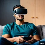 Home 19 VR로 인한 피로도 - A young adult male wearing a modern VR headset indoors, sitting comfortably on a couch with visible ...
