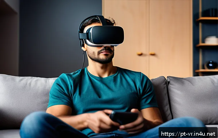 VR로 인한 피로도 - A young adult male wearing a modern VR headset indoors, sitting comfortably on a couch with visible ...