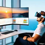 Home 18 VR을 이용한 원격 근무 - A modern virtual reality home office setup with a young professional wearing a comfortable VR headse...