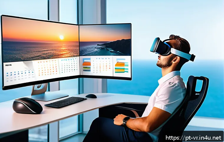 VR을 이용한 원격 근무 - A modern virtual reality home office setup with a young professional wearing a comfortable VR headse...