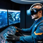 Home 23 가상현실 스포트라이트 - A futuristic virtual reality training room with a professional pilot wearing a lightweight, ergonomi...