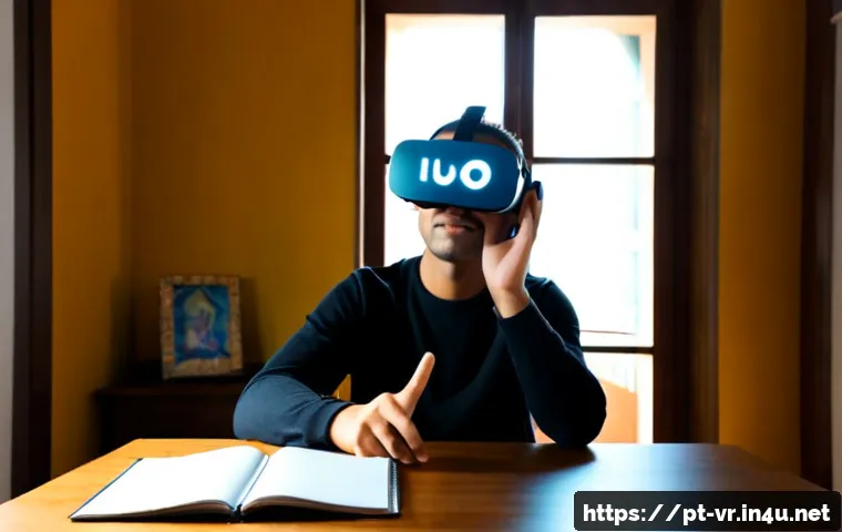 Home 13 VR으로 학습하는 언어 - Photorealistic Portuguese-speaking adult learner wearing a sleek virtual reality headset in a bright...