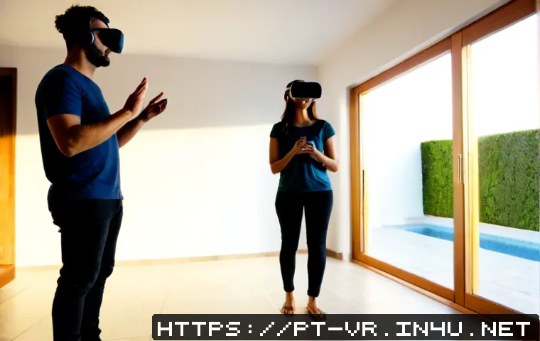 Home 15 VR에서의 다중 사용자 환경 - Photorealistic modern living room in Lisbon, three diverse adult friends wearing sleek wireless VR h...