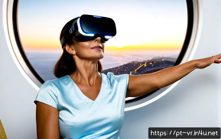 Home 15 VR로 경험하는 우주 탐사 - Photorealistic middle-aged Portuguese woman wearing a sleek virtual reality headset in a bright mode...